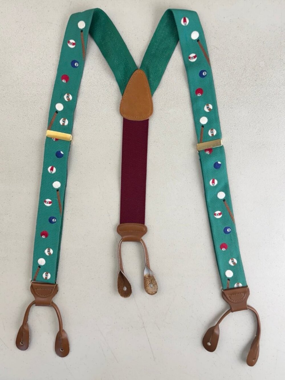 Vintage Billiards Pool Balls Embroidered Green Suspenders 70s Adjustable